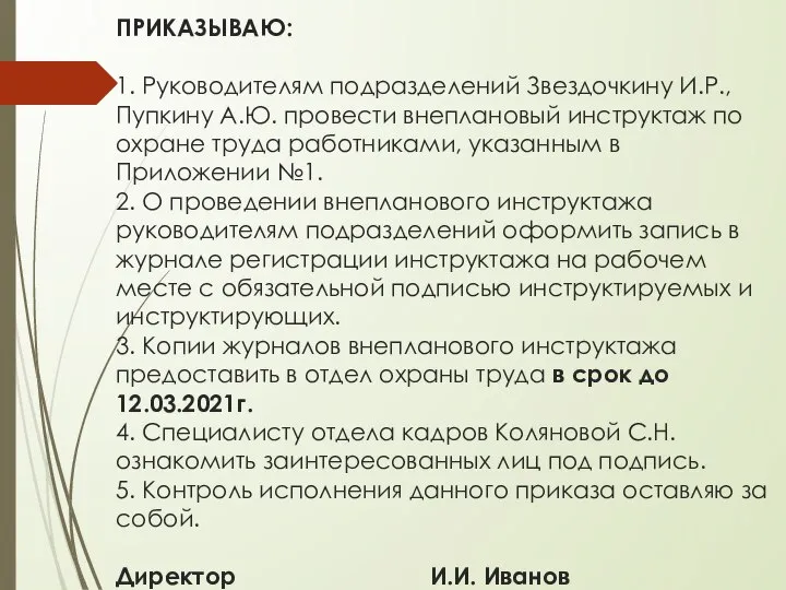 ПРИКАЗЫВАЮ: 1. Руководителям подразделений Звездочкину И.Р., Пупкину А.Ю. провести внеплановый инструктаж по