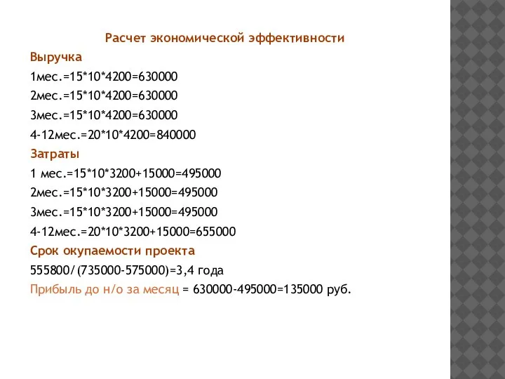 Расчет экономической эффективности Выручка 1мес.=15*10*4200=630000 2мес.=15*10*4200=630000 3мес.=15*10*4200=630000 4-12мес.=20*10*4200=840000 Затраты 1 мес.=15*10*3200+15000=495000 2мес.=15*10*3200+15000=495000