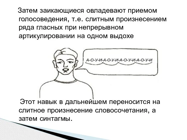 Затем заикающиеся овладевают приемом голосоведения, т.е. слитным произнесением ряда гласных при непрерывном