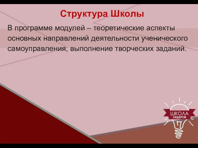 Структура Школы В программе модулей – теоретические аспекты основных направлений деятельности ученического самоуправления, выполнение творческих заданий.