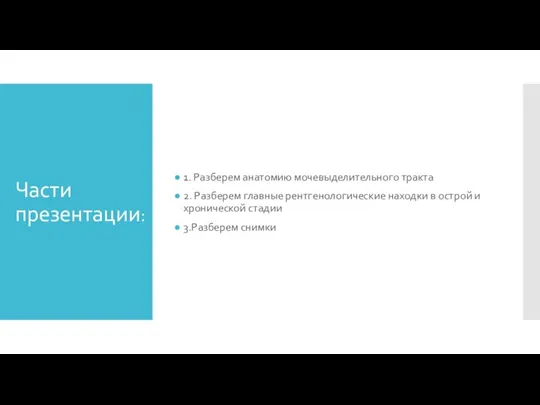 Части презентации: 1. Разберем анатомию мочевыделительного тракта 2. Разберем главные рентгенологические находки