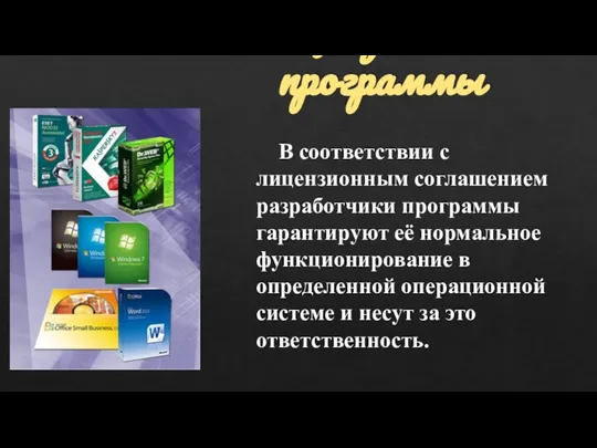 Лицензионные программы В соответствии с лицензионным соглашением разработчики программы гарантируют её нормальное