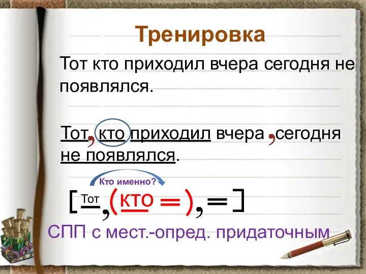 Тренировка Тот кто приходил вчера сегодня не появлялся. Тот кто приходил вчера