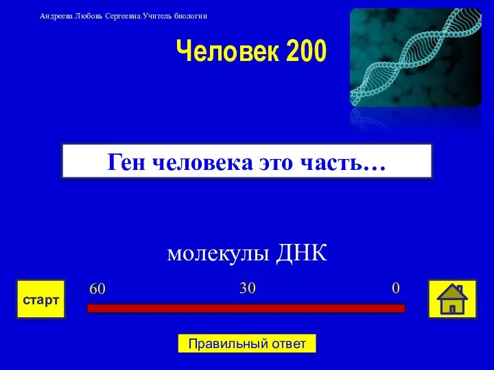 молекулы ДНК Ген человека это часть… Человек 200 0 30 60 старт