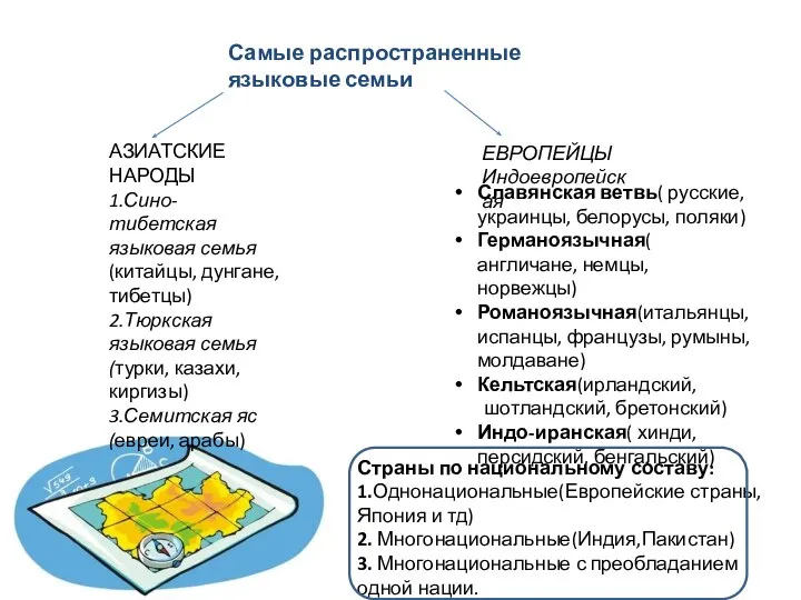 Самые распространенные языковые семьи АЗИАТСКИЕ НАРОДЫ 1.Сино-тибетская языковая семья(китайцы, дунгане, тибетцы) 2.Тюркская