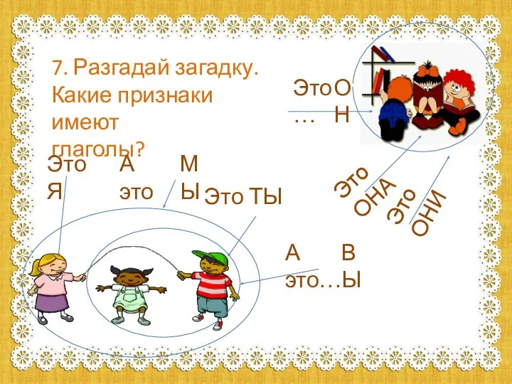 7. Разгадай загадку. Какие признаки имеют глаголы? Это Я А это Это