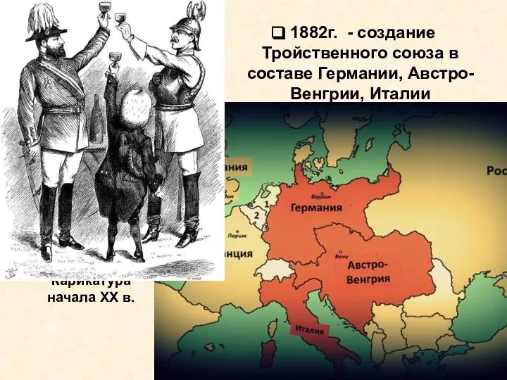 Карикатура начала ХХ в. 1882г. - создание Тройственного союза в составе Германии, Австро-Венгрии, Италии