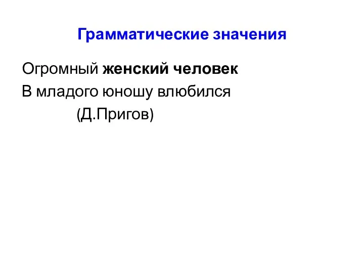 Грамматические значения Огромный женский человек В младого юношу влюбился (Д.Пригов)