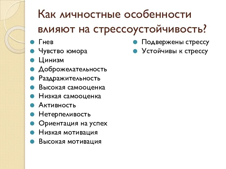 Как личностные особенности влияют на стрессоустойчивость? Гнев Чувство юмора Цинизм Доброжелательность Раздражительность