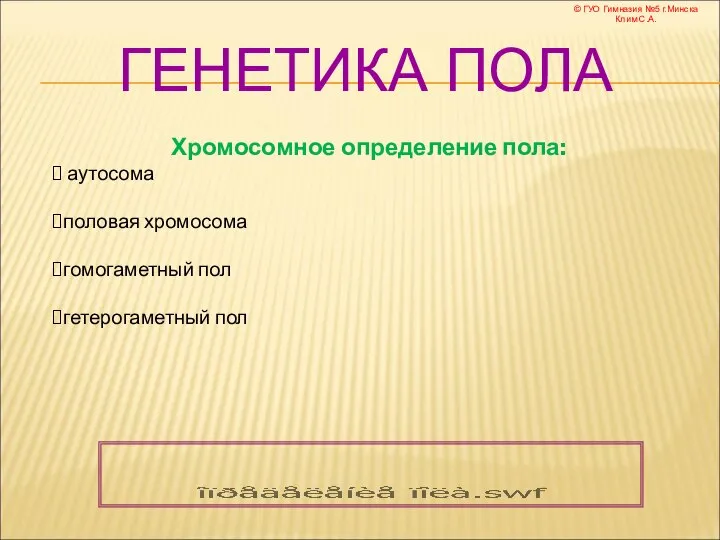 ГЕНЕТИКА ПОЛА Хромосомное определение пола: аутосома половая хромосома гомогаметный пол гетерогаметный пол