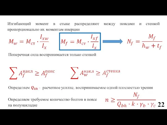 Изгибающий момент в стыке распределяют между поясами и стенкой пропорционально их моментам