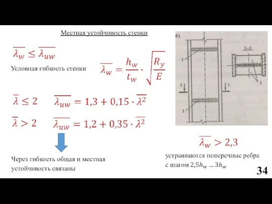 Местная устойчивость стенки Условная гибкость стенки Через гибкость общая и местная устойчивость связаны 34