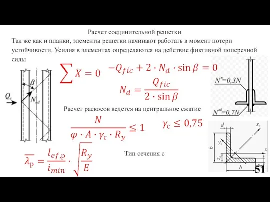 Расчет соединительной решетки Так же как и планки, элементы решетки начинают работать