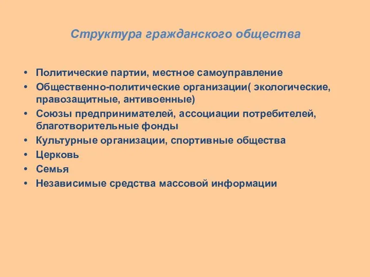 Структура гражданского общества Политические партии, местное самоуправление Общественно-политические организации( экологические, правозащитные, антивоенные)