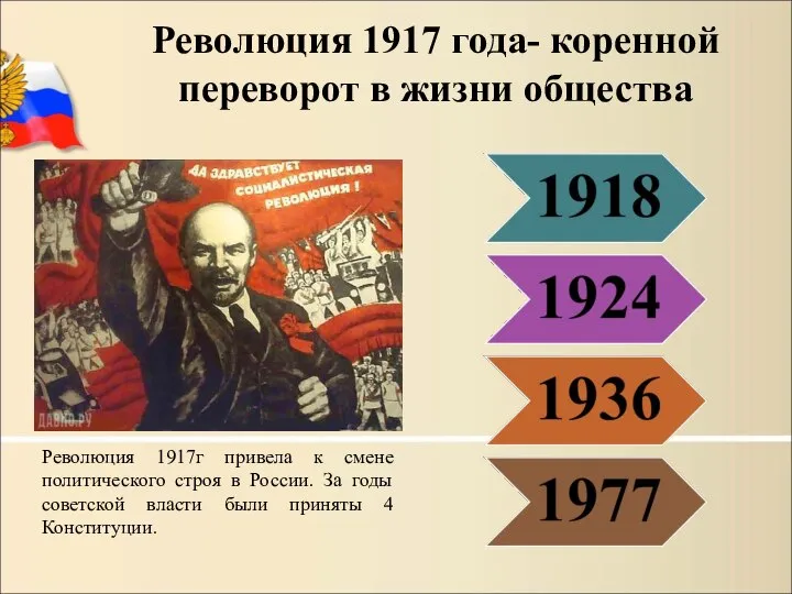 Революция 1917 года- коренной переворот в жизни общества Революция 1917г привела к