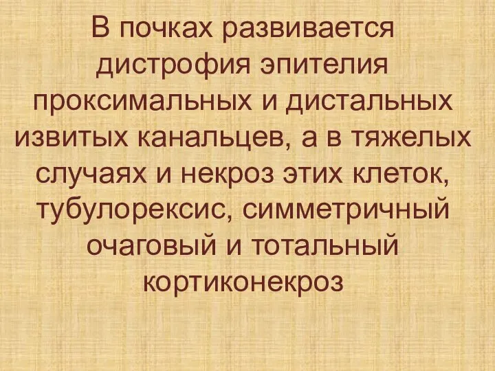 В почках развивается дистрофия эпителия проксимальных и дистальных извитых канальцев, а в