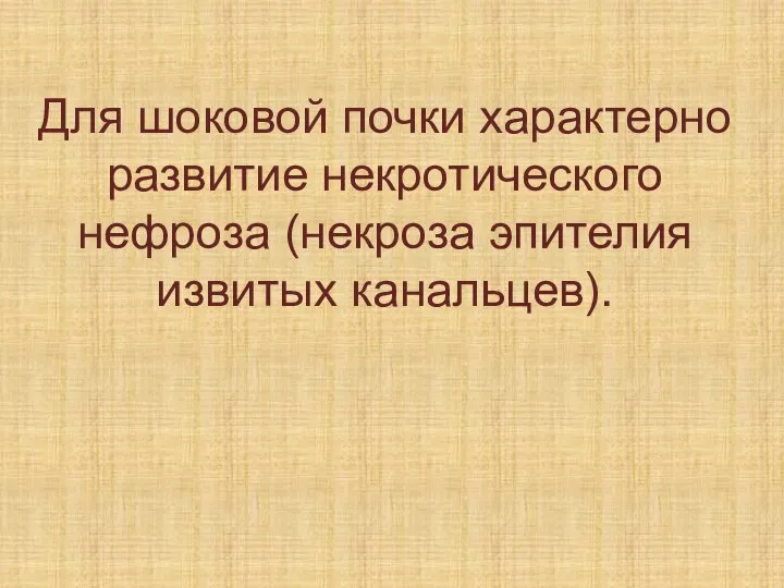 Для шоковой почки характерно развитие некротического нефроза (некроза эпителия извитых канальцев).