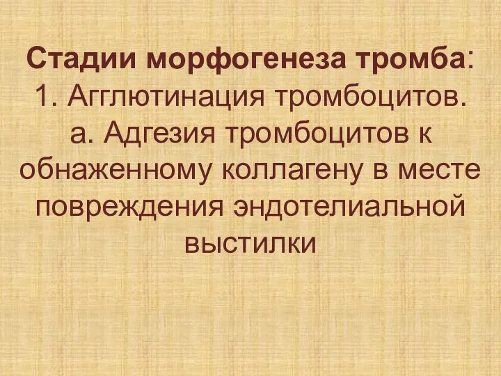 Стадии морфогенеза тромба: 1. Агглютинация тромбоцитов. а. Адгезия тромбоцитов к обнаженному коллагену