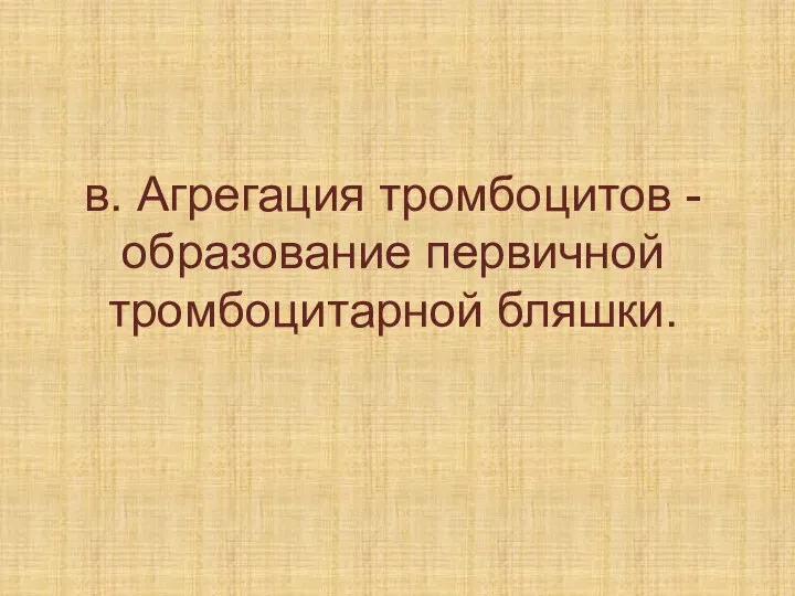 в. Агрегация тромбоцитов - образование первичной тромбоцитарной бляшки.