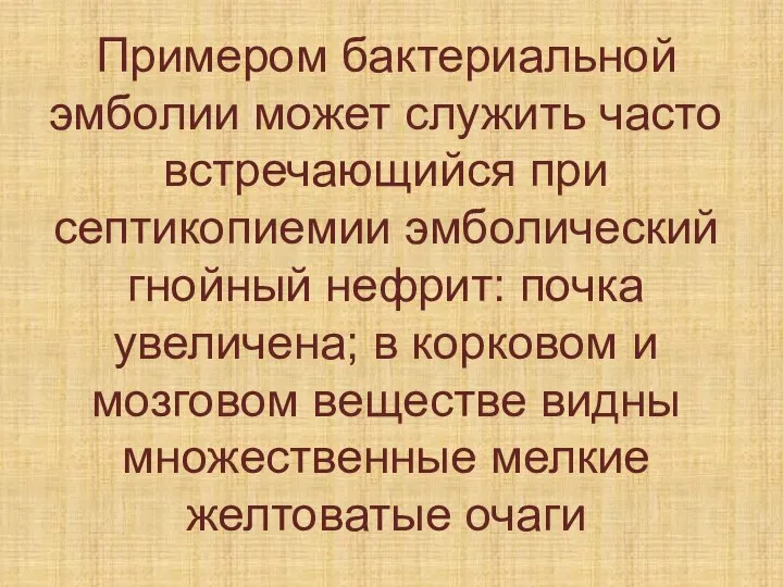 Примером бактериальной эмболии может служить часто встречающийся при септикопиемии эмболический гнойный нефрит: