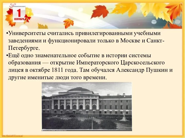 Университеты считались привилегированными учебными заведениями и функционировали только в Москве и Санкт-Петербурге.