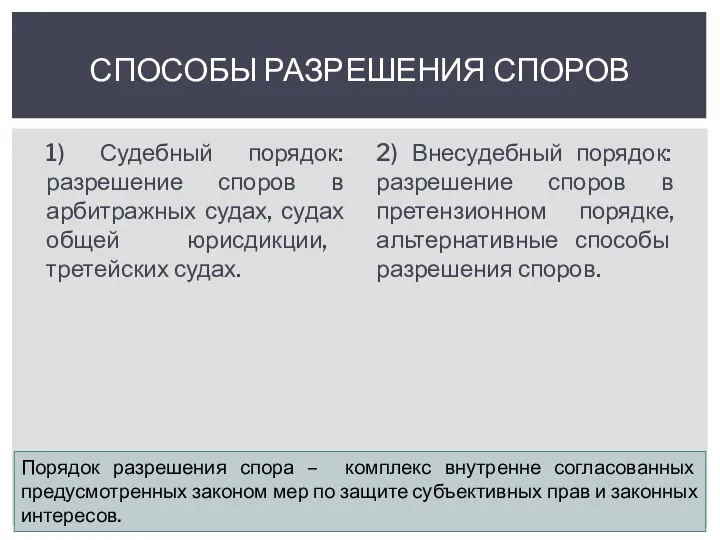 1) Судебный порядок: разрешение споров в арбитражных судах, судах общей юрисдикции, третейских