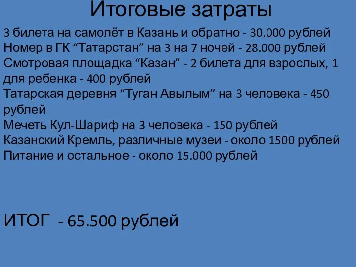 Итоговые затраты 3 билета на самолёт в Казань и обратно - 30.000