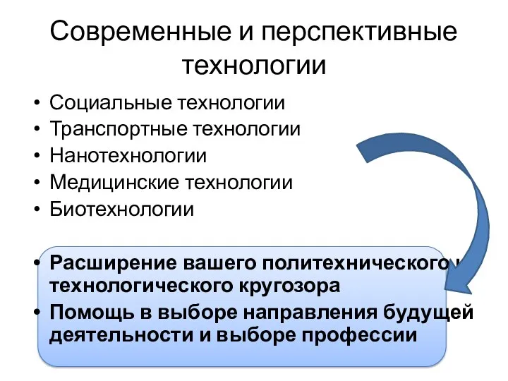 Современные и перспективные технологии Социальные технологии Транспортные технологии Нанотехнологии Медицинские технологии Биотехнологии