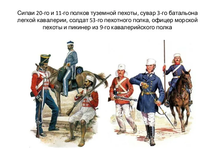 Сипаи 20-го и 11-го полков туземной пехоты, сувар 3-го батальона легкой кавалерии,