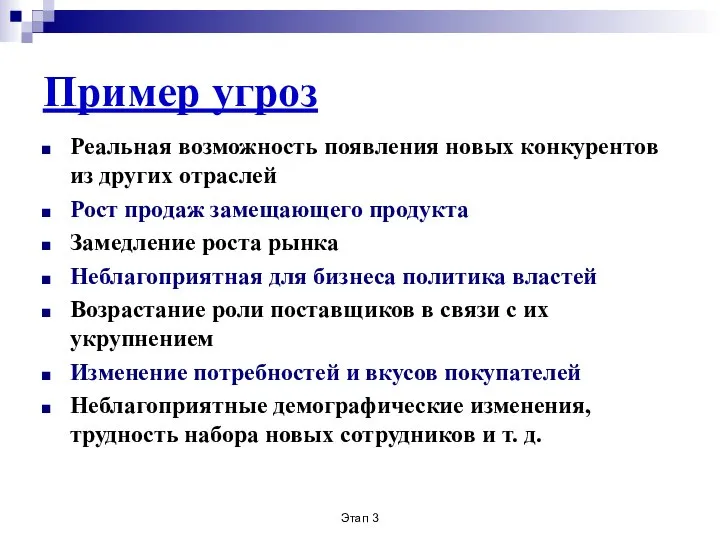 Этап 3 Пример угроз Реальная возможность появления новых конкурентов из других отраслей