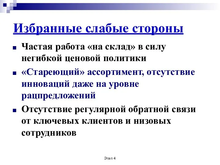 Этап 4 Избранные слабые стороны Частая работа «на склад» в силу негибкой