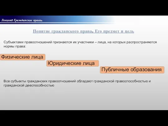 Лекция: Гражданское право. Понятие гражданского права. Его предмет и цель Субъектами правоотношений