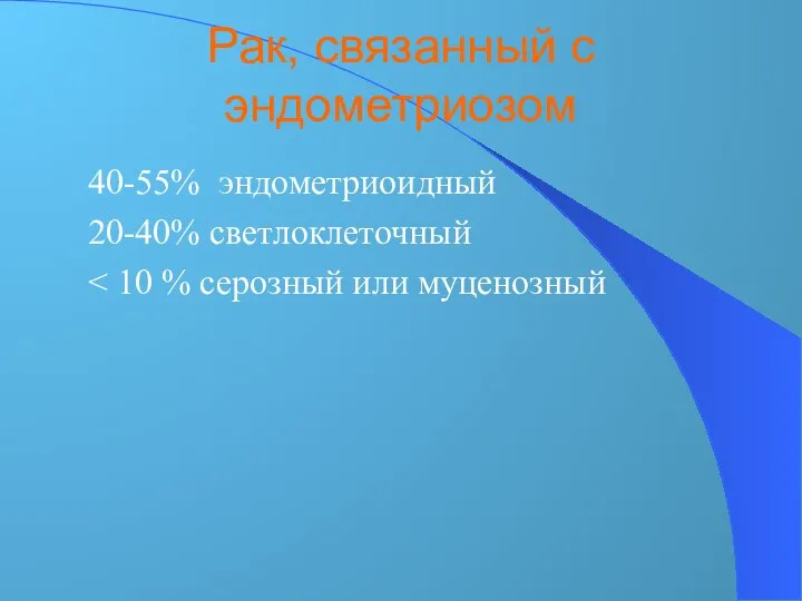 Рак, связанный с эндометриозом 40-55% эндометриоидный 20-40% светлоклеточный