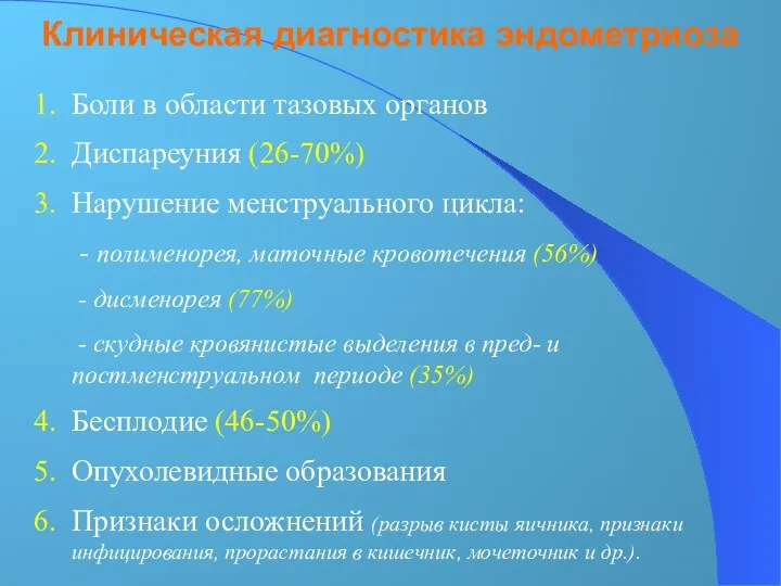 1. Боли в области тазовых органов 2. Диспареуния (26-70%) 3. Нарушение менструального