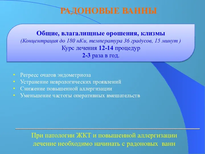 РАДОНОВЫЕ ВАННЫ Регресс очагов эндометриоза Устранение неврологических проявлений Снижение повышенной аллергизации Уменьшение