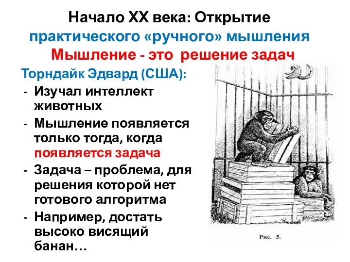 Начало ХХ века: Открытие практического «ручного» мышления Мышление - это решение задач