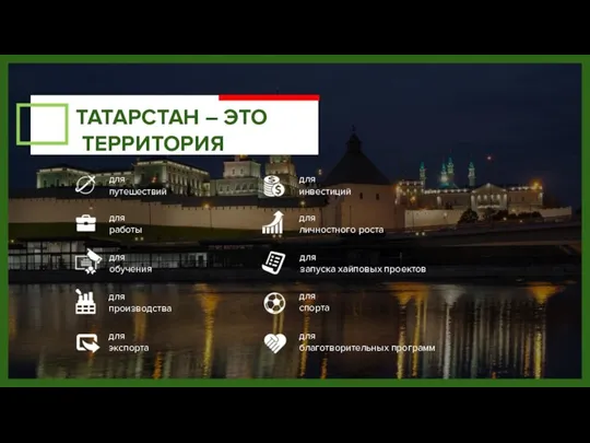 ТАТАРСТАН – ЭТО ТЕРРИТОРИЯ для инвестиций для путешествий для обучения для работы