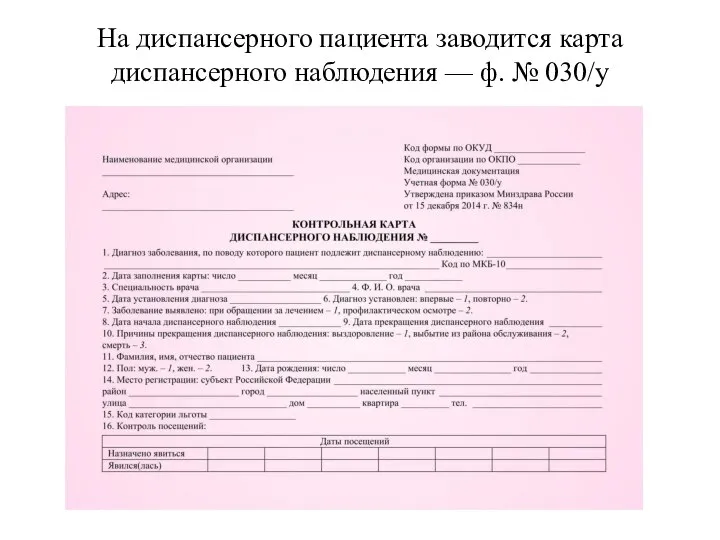 На диспансерного пациента заводится карта диспансерного наблюдения — ф. № 030/у