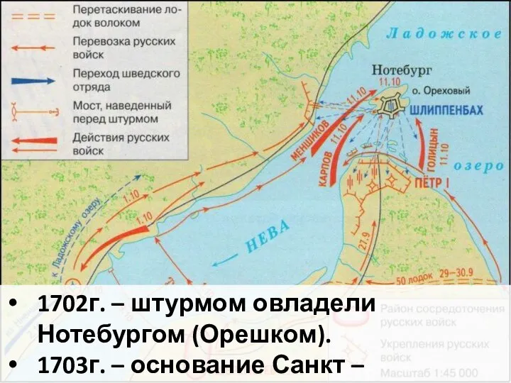 1702г. – штурмом овладели Нотебургом (Орешком). 1703г. – основание Санкт – Петербурга.