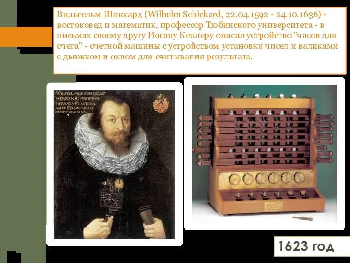 Вильгельм Шиккард (Wilhelm Schickard, 22.04.1592 - 24.10.1636) - востоковед и математик, профессор