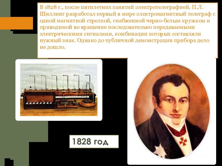 В 1828 г., после пятилетних занятий электротелеграфией, П.Л.Шиллинг разработал первый в мире