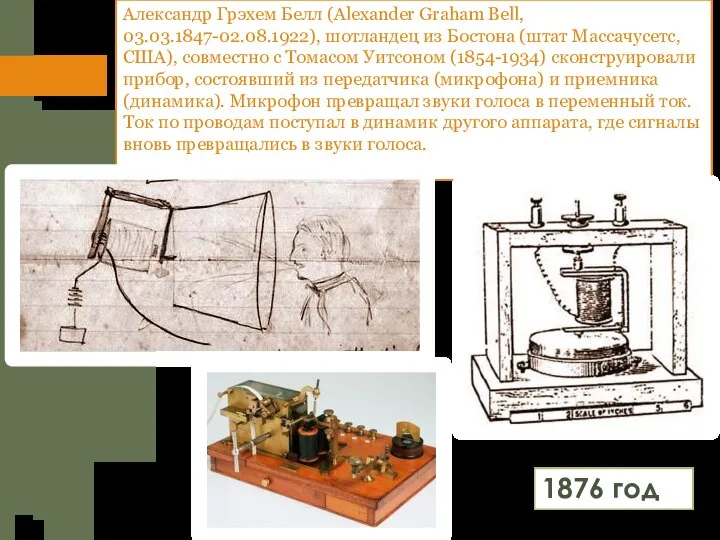 Александр Грэхем Белл (Alexander Graham Bell, 03.03.1847-02.08.1922), шотландец из Бостона (штат Массачусетс,