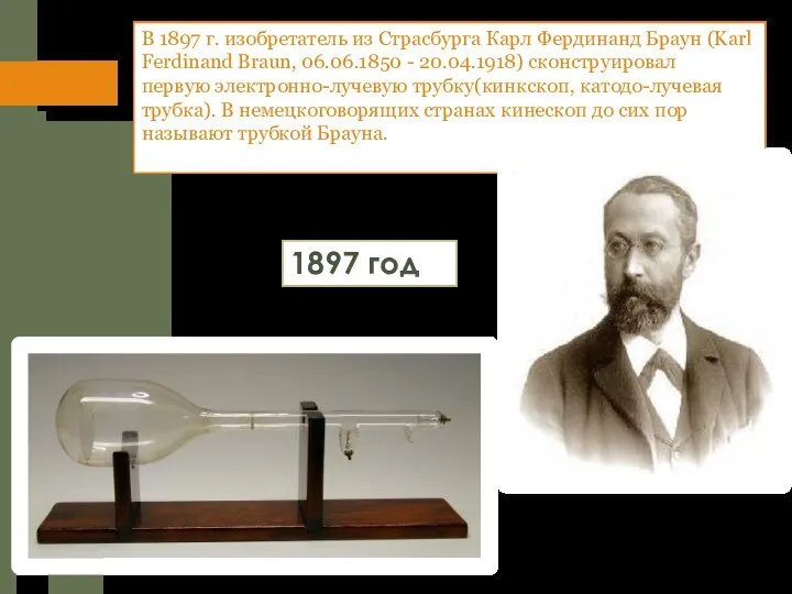 В 1897 г. изобретатель из Страсбурга Карл Фердинанд Браун (Karl Ferdinand Braun,