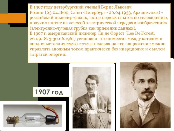 В 1907 году петербургский ученый Борис Львович Розинг (23.04.1869, Санкт-Петербург - 20.04.1933,