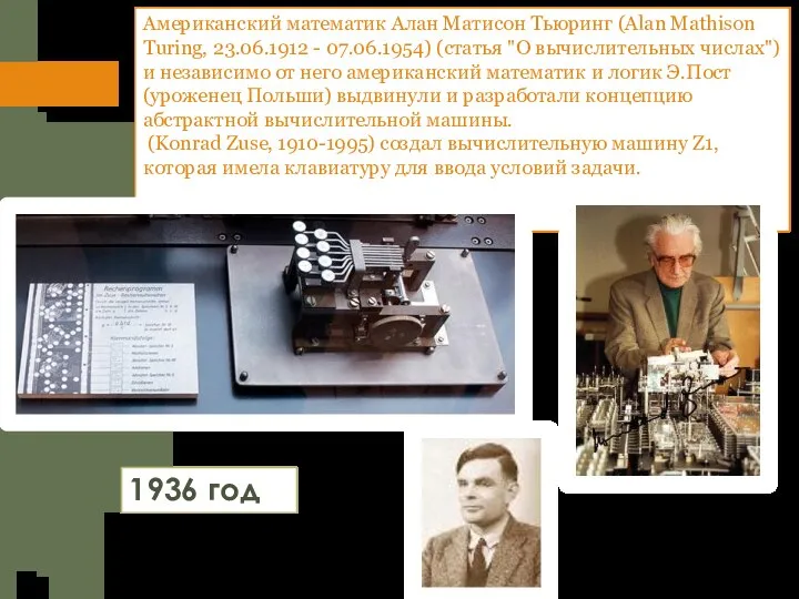 Американский математик Алан Матисон Тьюринг (Alan Mathison Turing, 23.06.1912 - 07.06.1954) (статья