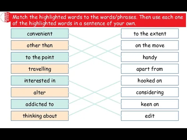 Match the highlighted words to the words/phrases. Then use each one of