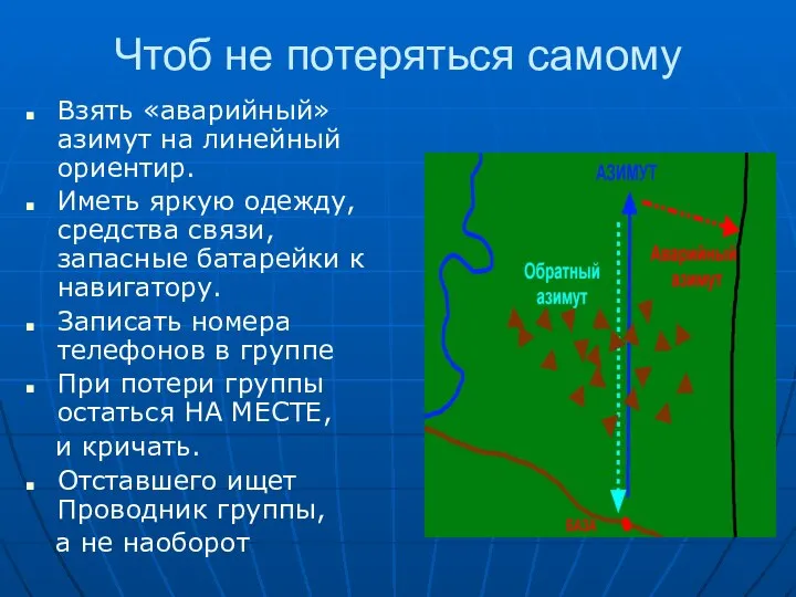 Чтоб не потеряться самому Взять «аварийный» азимут на линейный ориентир. Иметь яркую