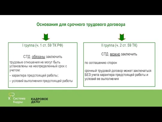 Основания для срочного трудового договора I группа (ч. 1 ст. 59 ТК