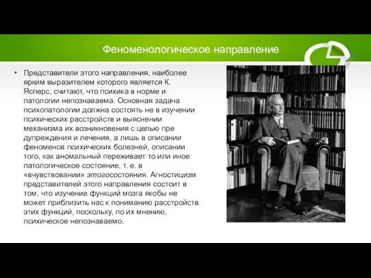 Феноменологическое направление Представители этого направ­ления, наиболее ярким выразителем которого является К. Ясперс,