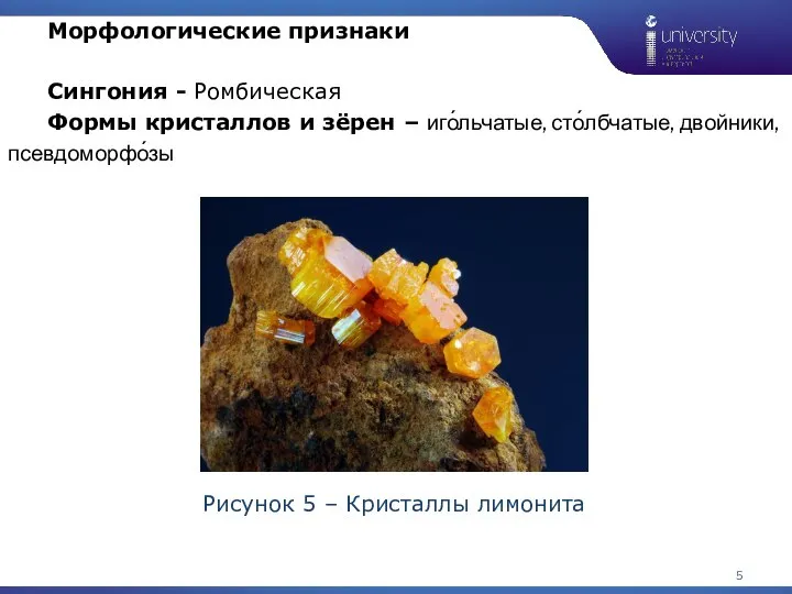 1 Морфологические признаки Сингония - Ромбическая Формы кристаллов и зёрен – иго́льчатые,